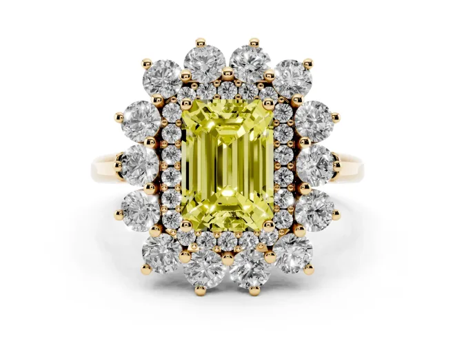 Fancy Yellow Emerald Cut Diamond Floral Double Halo Ring Set in Yellow gold with Round Petals