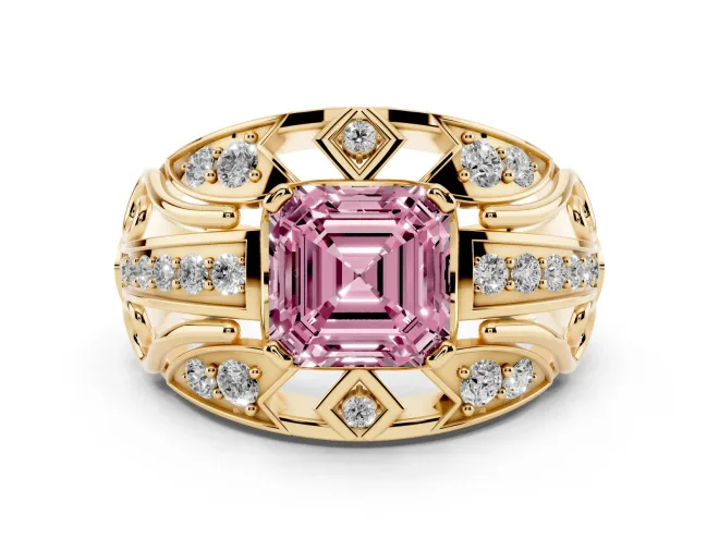 Asscher Cut Art Deco Engagement Ring Setting for a Fancy Pink Lab-Grown Diamond | Yellow Gold