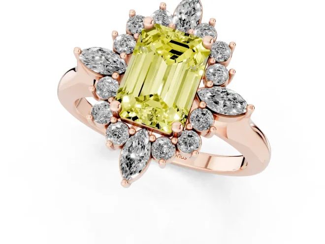 Fancy Yellow Emerald Cut Diamond Cluster Halo Ring Set in Rose gold with Marquise and Round Accents – second view