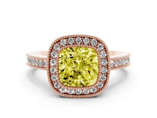 Cushion Cut Milgrain Halo Engagement Ring Setting for a Fancy Yellow Lab-Grown Diamond | Rose Gold