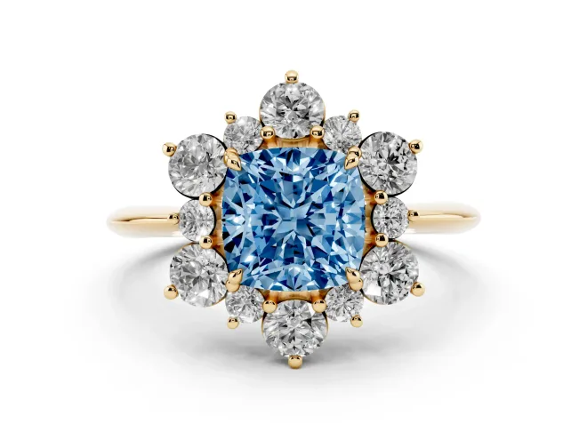 Cushion Cut Cluster Halo Engagement Ring Setting for a Fancy Blue Lab-Grown Diamond | Yellow Gold
