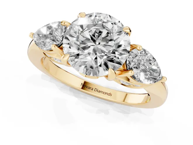 Round Cut Diamond Three-Stone Ring Set in Yellow gold with Pear Side Stones – second view