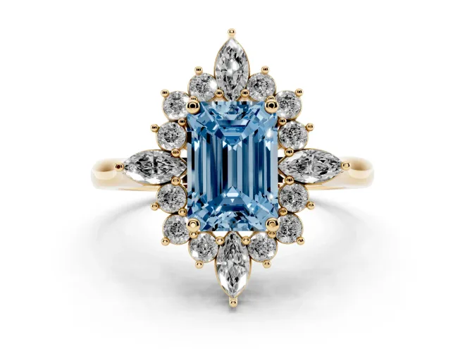 Fancy Blue Emerald Cut Diamond Cluster Halo Ring Set in Yellow gold with Marquise and Round Accents
