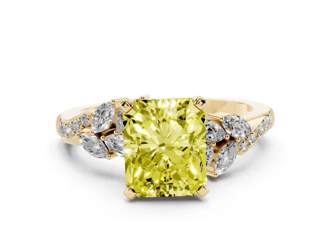 Radiant Cut Floral Engagement Ring Setting for a Fancy Yellow Lab-Grown Diamond | Marquise Side Stones | Yellow Gold