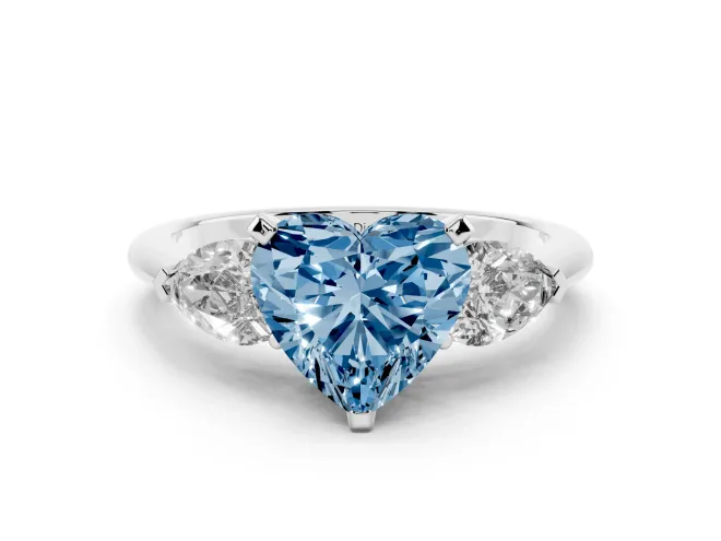 Heart-Shaped Three-Stone Engagement Ring Setting for a Fancy Blue Lab-Grown Diamond | Pear Side Stones | Sterling Silver