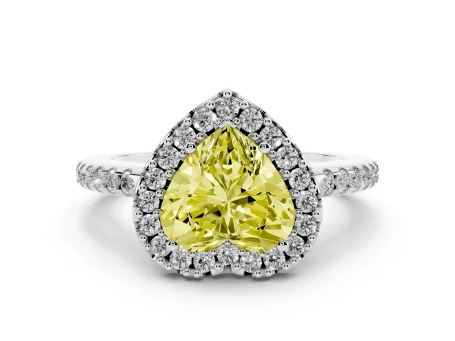 Fancy Yellow Heart Cut Diamond Pavé Halo Ring Set in Platinum with Prong Setting