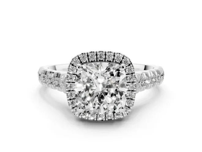 Cushion Cut Halo Engagement Ring Setting | Shared Prong Shoulders | White Gold