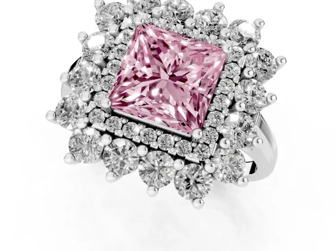 Fancy Pink Princess Cut Diamond Floral Double Halo Ring Set in White gold with Round Petals – second view