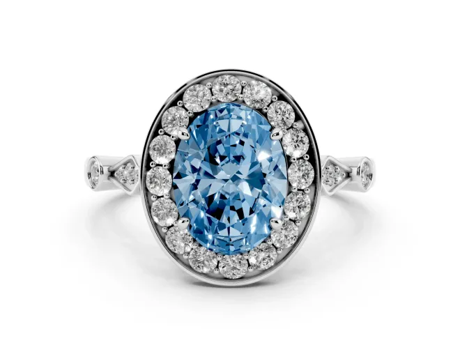 Oval Vintage Halo Engagement Ring Setting for a Fancy Blue Lab-Grown Diamond | Bezel Station Shoulders | Sterling Silver