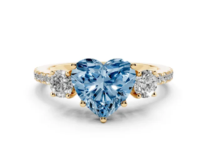 Fancy Blue Heart Cut Diamond Three-Stone Ring Set in Yellow gold with Pavé Band and Graduated Sides