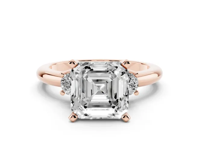 Asscher Cut Three Stone Engagement Ring Setting | Round Side Stones | Rose Gold
