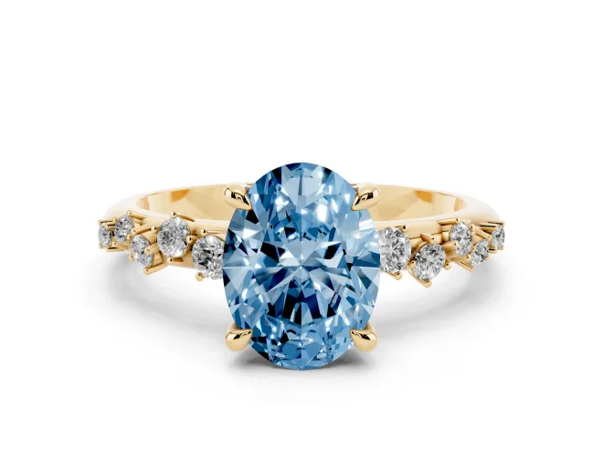 Fancy Blue Oval Cut Diamond Solitaire Vine Band Ring Set in Yellow gold with Round Accents and Prong Setting