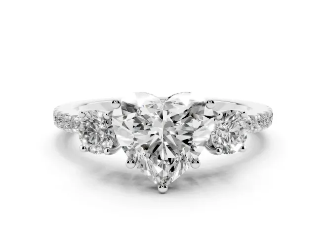 Heart-Shaped Three Stone Engagement Ring Setting | Pave Shoulders | Sterling Silver