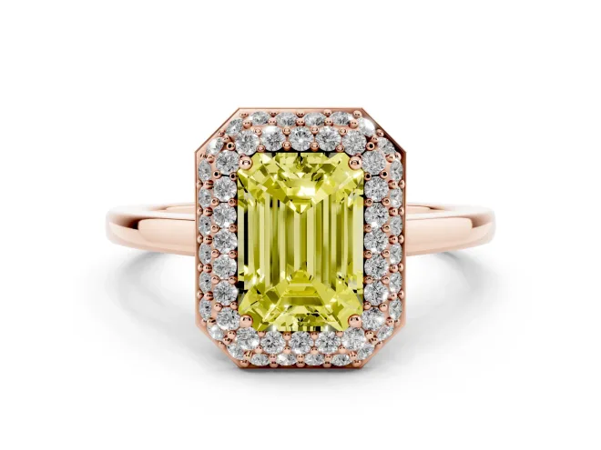 Emerald Cut Pavé Halo Engagement Ring Setting for a Fancy Yellow Lab-Grown Diamond | Slim Plain Band | Rose Gold