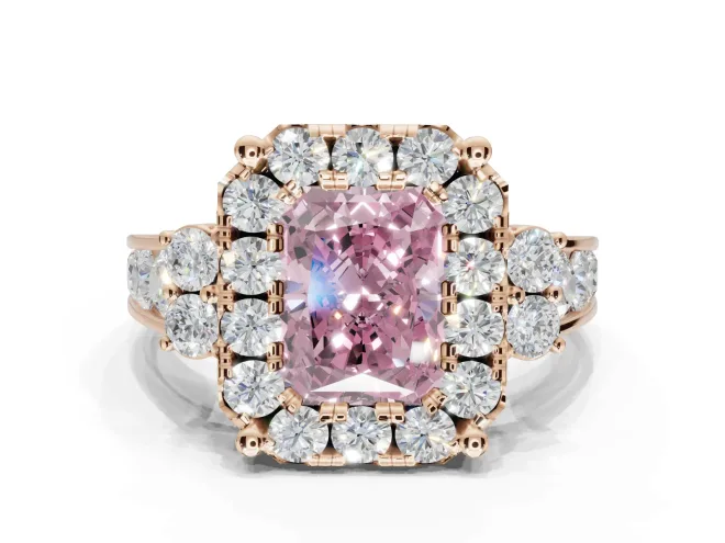 Radiant Cut Halo Engagement Ring Setting for a Fancy Pink Lab-Grown Diamond | Graduated Channel Band | Rose Gold