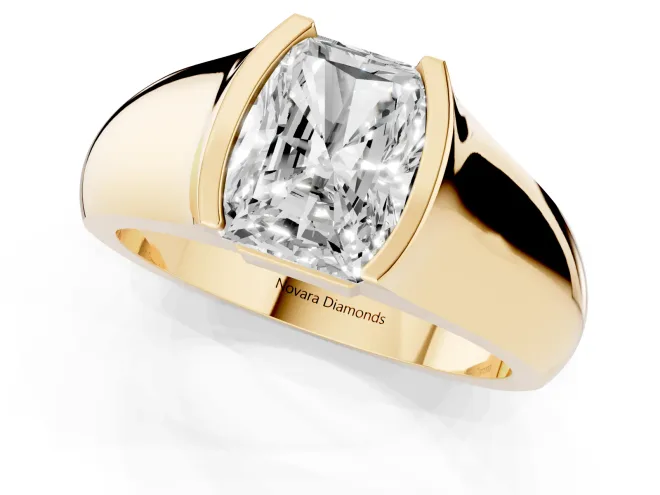 Radiant Cut Diamond Bezel Solitaire Ring Set in Yellow gold with Wide Band – second view
