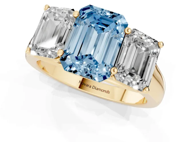 Fancy Blue Emerald Cut Diamond Three-Stone Ring Set in Yellow gold with Plain Polished Band – second view