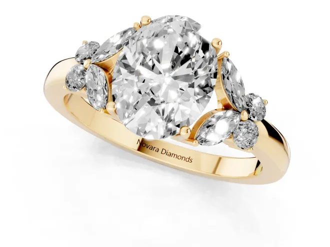 Oval Cut Diamond Solitaire Floral Ring Set in Yellow gold with Marquise Petals and Prong Setting – second view