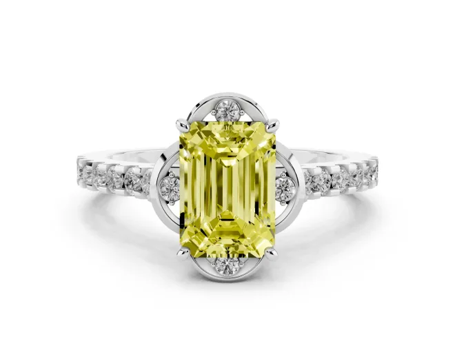 Fancy Yellow Emerald Cut Diamond Solitaire Ring Set in Platinum with Pavé Band and Floral Prong Setting