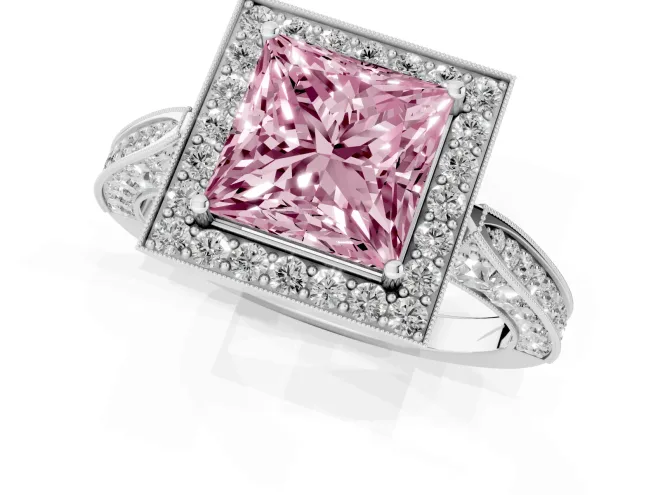 Fancy Pink Princess Cut Diamond Halo Engagement Ring Set in Platinum with Accent Split Shank Band – second view