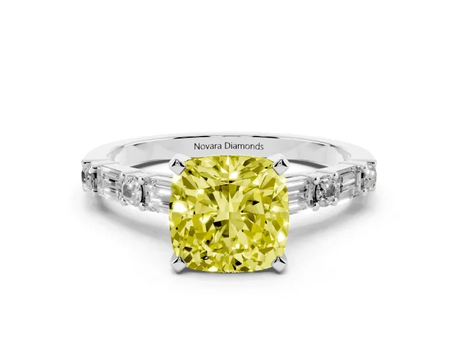 Cushion Cut Baguette Side Stone Engagement Ring Setting for a Fancy Yellow Lab-Grown Diamond | White Gold