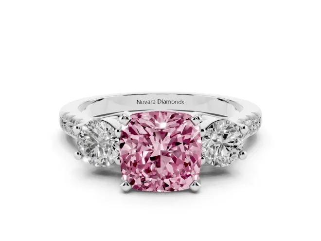 Cushion Cut Three-Stone Engagement Ring Setting for a Fancy Pink Lab-Grown Diamond | White Gold