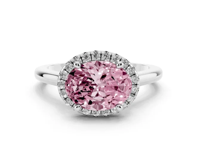 Fancy Pink Oval Cut Diamond Halo Engagement Ring Set in White gold with Pavé Band and Rising Shoulders