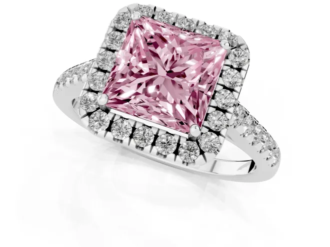Fancy Pink Princess Cut Diamond Halo Pavé Engagement Ring Set in Platinum with Prong Setting – second view
