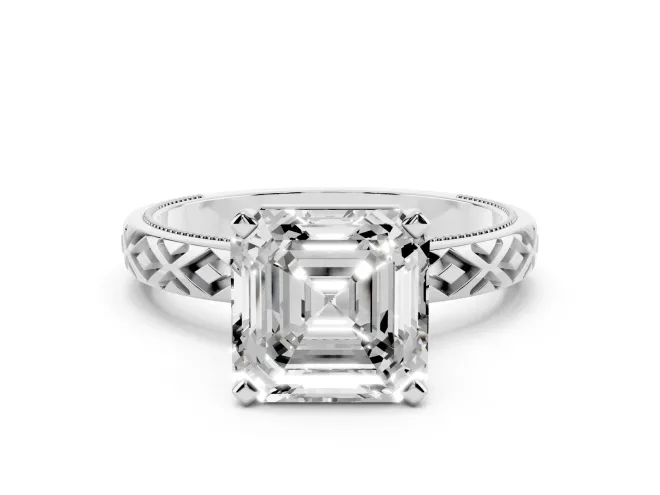 Asscher Cut Diamond Solitaire Ring Set in White gold with Milgrain and Black Enamel X Pattern Band