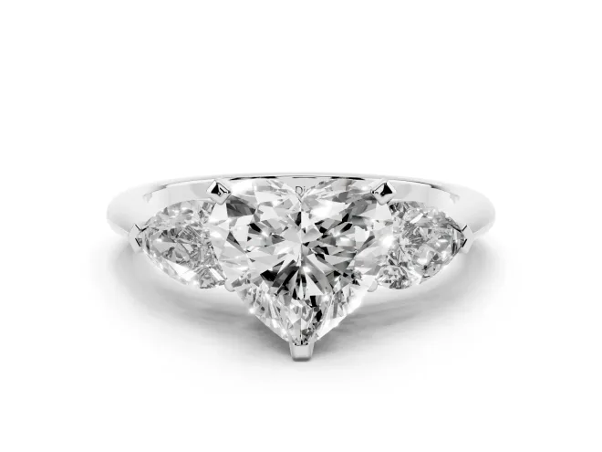 Three-Stone Heart Cut Diamond Ring Set in Silver with Pear Side Stones and Prong Setting