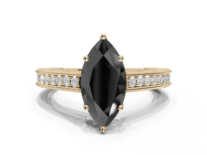 Marquise Vintage Pavé Engagement Ring Setting for a Black Center | Yellow Gold