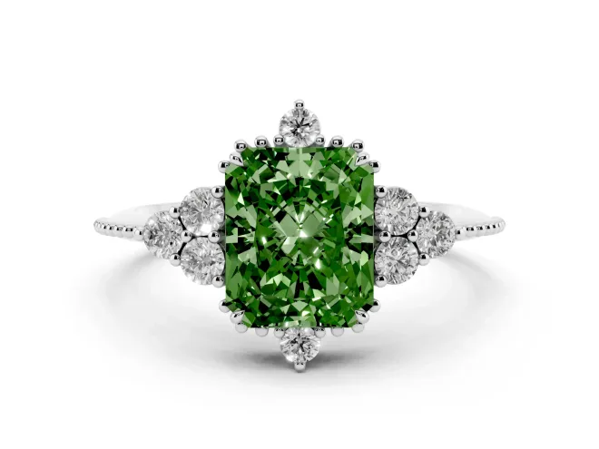 Fancy Green Radiant Cut Diamond Cluster Ring Set in Silver with Beaded Band