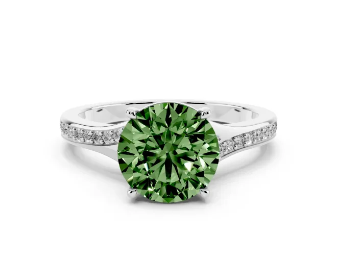 Fancy Green Round Cut Diamond Solitaire Ring Set in Platinum with Pavé Accent Band and Classic Prong Setting