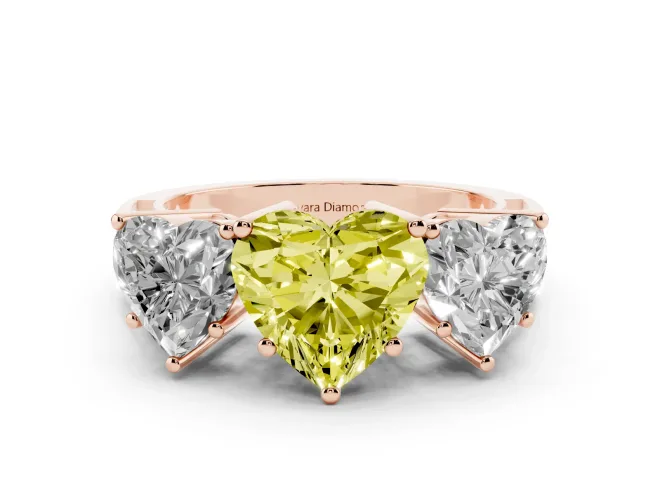 Fancy Yellow Heart Cut Diamond Three-Stone Ring Set in Rose gold with Textured Band