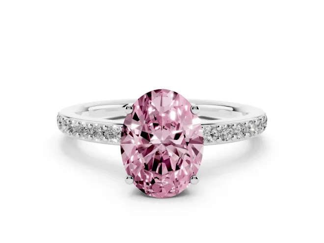 Oval Hidden Halo Engagement Ring Setting for a Fancy Pink Lab-Grown Diamond | Pavé Band | White Gold