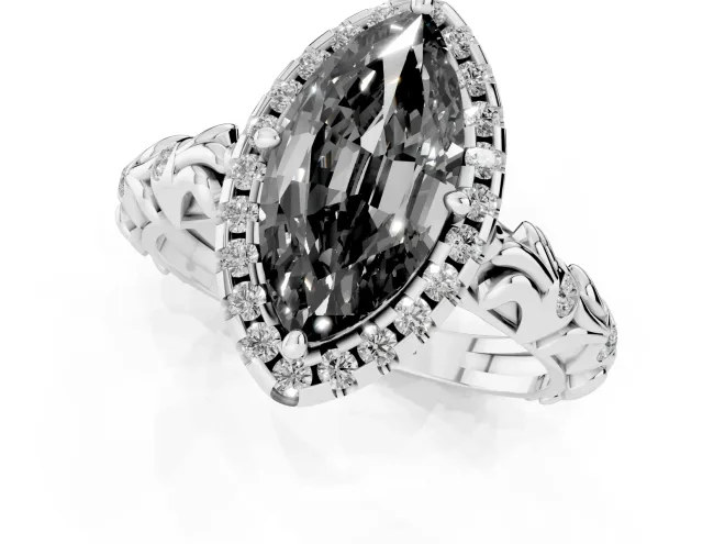 Fancy Black Marquise Cut Diamond Halo Ring Set in Platinum with Filigree Leaf Band and Prong Setting – second view