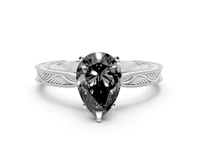 Pear-Shaped Engraved Solitaire Engagement Ring Setting for a Black Center | Sterling Silver