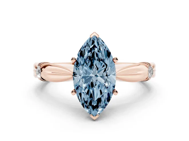 Fancy Blue Marquise Cut Diamond Solitaire Twisted Band Ring Set in Rose gold with Accent Stones and Prong Setting