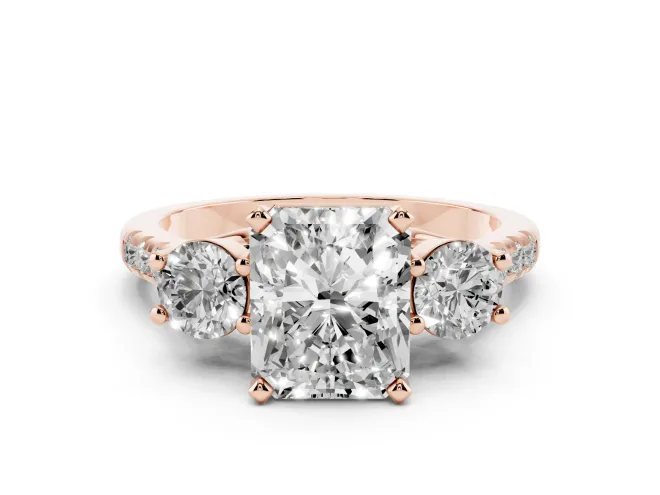 Radiant Cut Three-Stone Pavé Engagement Ring Setting | Round Side Stones | Rose Gold