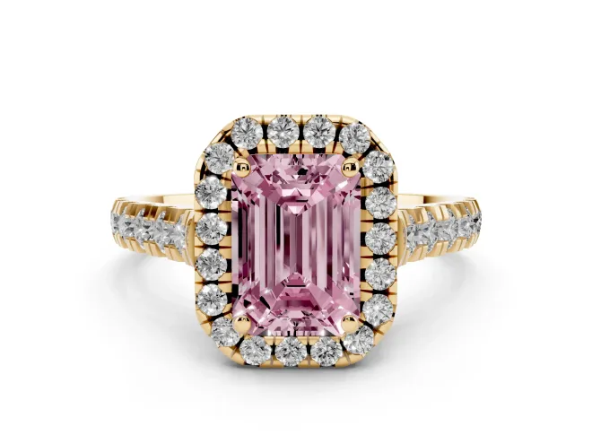 Emerald Cut Accented Halo Engagement Ring Setting for a Fancy Pink Lab-Grown Diamond | Yellow Gold