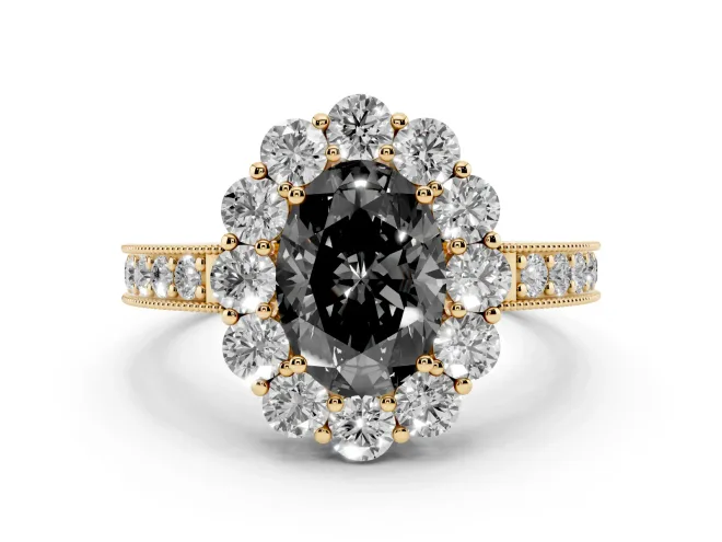 Oval Vintage Halo Engagement Ring Setting for a Black Center | Milgrain Channel Band | Yellow Gold