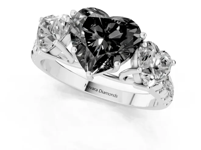 Fancy Black Heart Cut Diamond Three-Stone Ring Set in Platinum with Pavé Band – second view