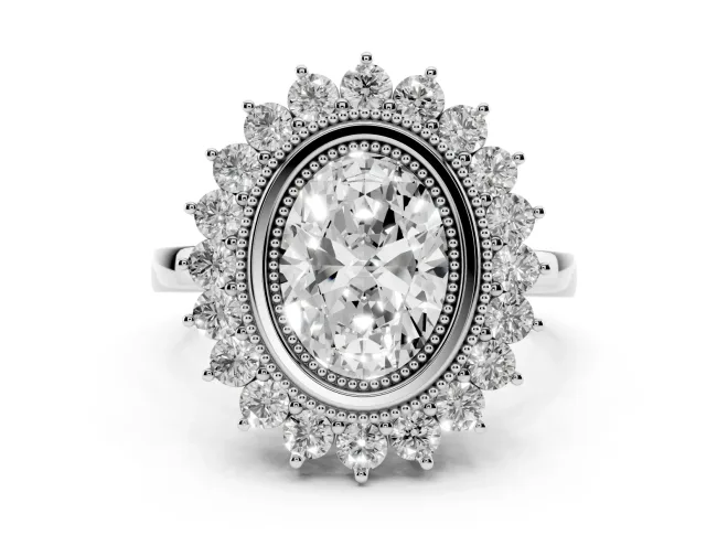 Oval Cut Diamond Halo Ring Set in Platinum with Milgrain Edge and Round Prong Setting