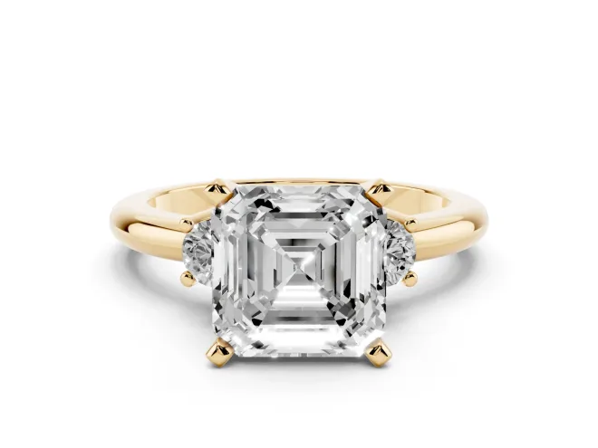 Asscher Cut Three Stone Engagement Ring Setting | Round Side Stones | Yellow Gold
