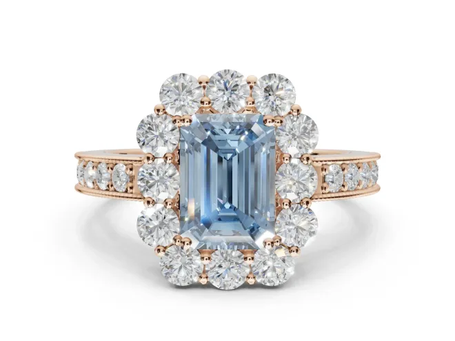 Emerald Cut Vintage Halo Engagement Ring Setting for a Fancy Blue Lab-Grown Diamond | Rose Gold
