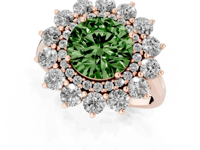 Fancy Green Round Cut Diamond Floral Double Halo Ring Set in Rose gold with Round Petals – second view