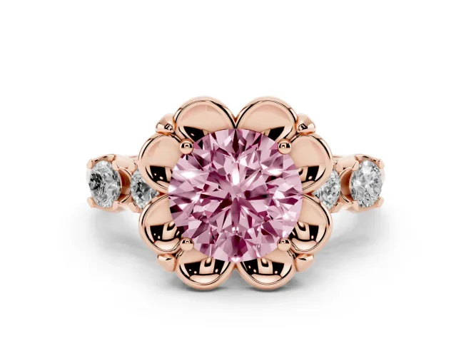 Fancy Pink Round Cut Diamond Floral Halo Ring Set in Rose gold with Shared Prong Band