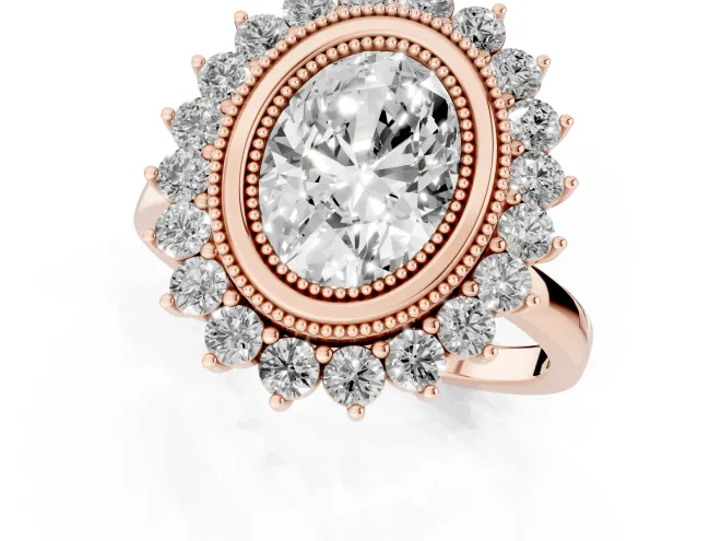 Oval Cut Diamond Halo Ring Set in Rose gold with Milgrain Edge and Round Prong Setting – second view