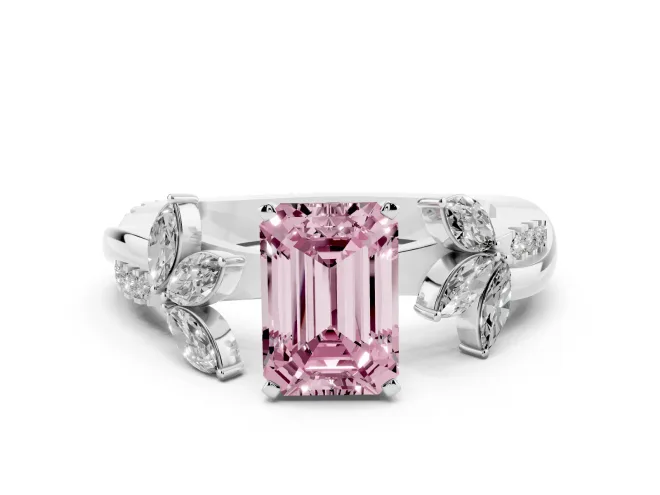 Emerald Cut Floral Vine Engagement Ring Setting for a Fancy Pink Lab-Grown Diamond | White Gold