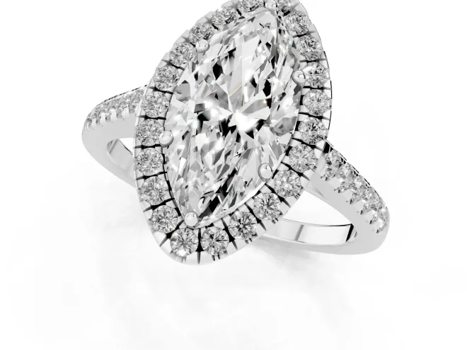 Marquise Cut Diamond Halo Pavé Engagement Ring Set in White gold with Prong Setting – second view
